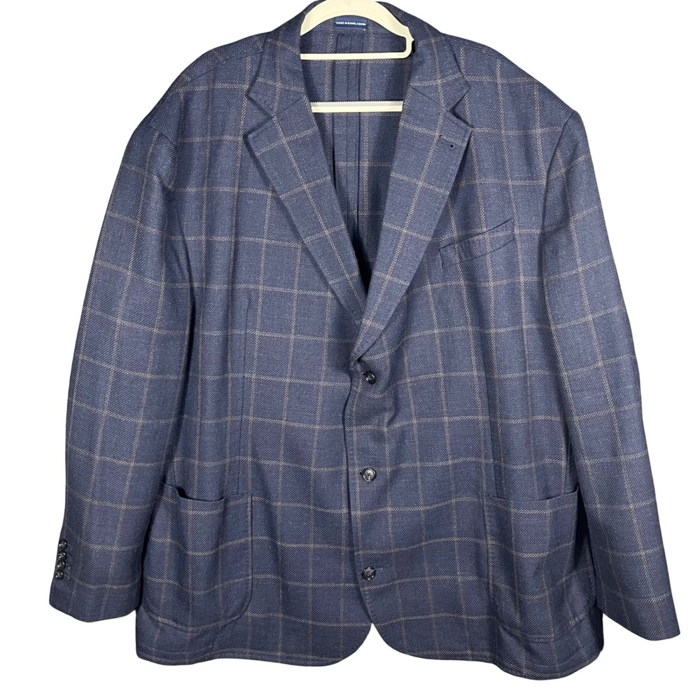Stafford Unstructured Sport Coat Mens 52 Big L Blue Windowpane Wool Blend Blazer